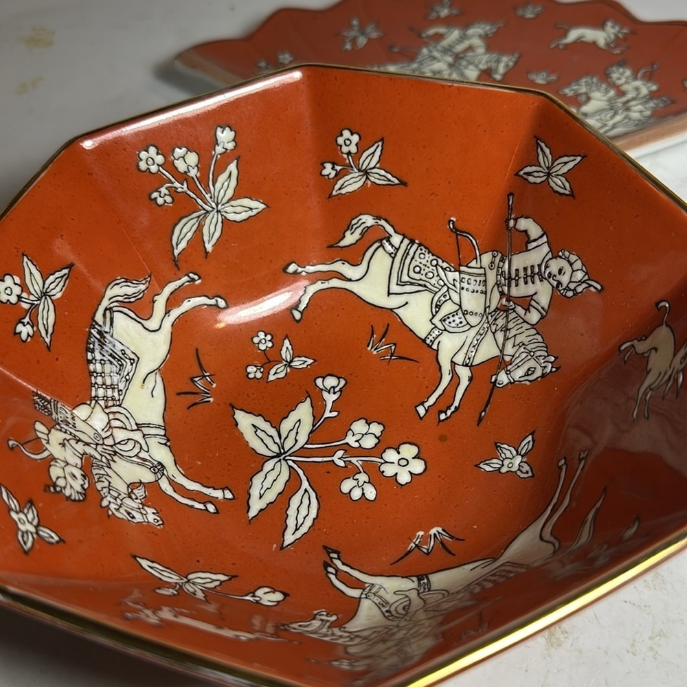 Japanese Kutani Ware porcelain Bowl Fan-Shaped Plate Set Horse Rider Design - Picture 10 of 11